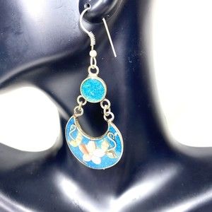 Vintage Alpaca Silver Earrings Abalone and Turquoise Blue Dangle Mexico